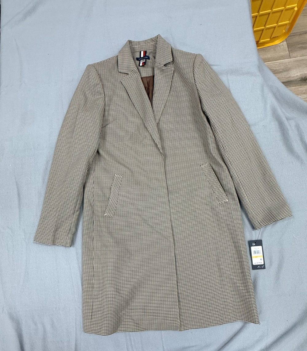 Tommy Hilfiger Long Blazer Coat Womens S Khaki Multi Houndstooth Notch Lapel NWT
